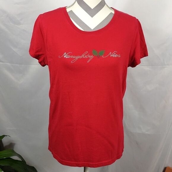 Red Naughty Nice Studded Christmas Tee - Picture 1 of 6